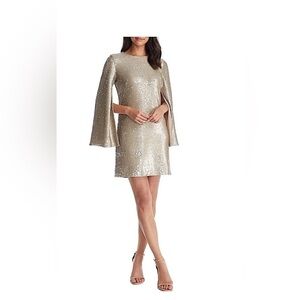 NWT Dress the Population Liza Cape Sleeve Sequin Mini Dress Sz S Sand Multi
